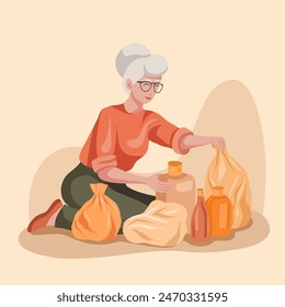 Ilustración vectorial de mujer mayor clasificando basura plástica en colores cálidos. Estilo de vida ecológico pensionista. Hábitos útiles para las personas mayores. Ilustración plana sobre el tema de cero residuos y reciclaje. 