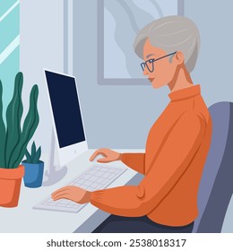 Ilustração vetorial velha mulher estudando no computador em estilo plano moderno. Trabalho à distância de freelancer em casa. Vovó trabalhando à distância na aposentada