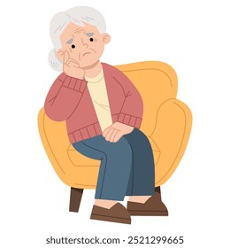 Vector illustration of old woman thinking. Old woman feeling sad and lonely sitting on the sofa.
