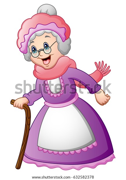 Vector Illustration Old Woman Walking Stick เวกเตอร์สต็อก ปลอดค่า