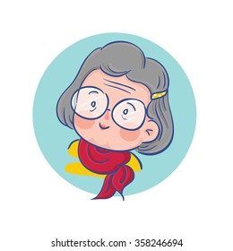 Vector Illustration of Old Woman Wearing Eyeglasses, Cartoon Character Profile Picture