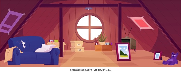 Vector illustration of an old wooden attic with a broken sofa, storage boxes and retro items. Mansard roof with a round window and various unnecessary items. Flat cartoon style.