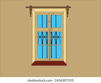 vector illustration of old wooden window of classical renaissance baroque art nouveau or belle epoque architecture house palace or villa with iron hinges and outside window iron bars with wrought iron