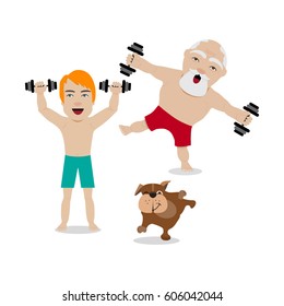 Vector illustration of old and young men with dumbbells
