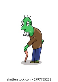 vector illustration of old zombie holding a stick in simple flat style.
