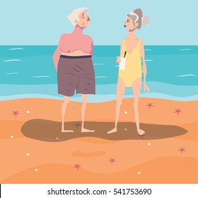 Vector illustration of old-aged couple having rest on beach. Comic cartoon ugly characters in swimwear. Summertime