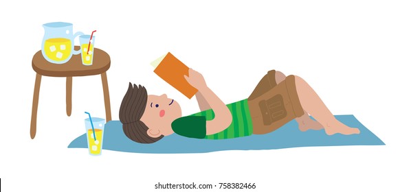 Ilustração vetorial de menino mais velho ou jovem deitado no cobertor e lendo um livro e bebendo limonada