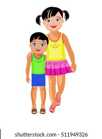 Vector Illustration.  Older sister embraces the younger brother.
 