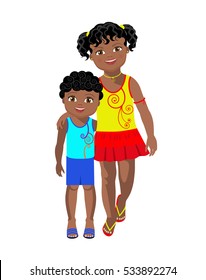 Vector Illustration. Older sister embraces the younger brother.
 