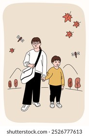 Vector illustration of older sister and younger brother holding hands.