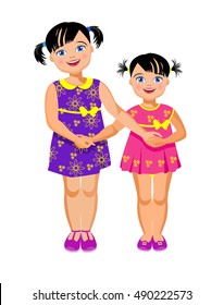 Vector Illustration. Older sister and younger sister holding hands.
