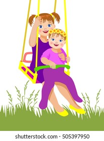 Vector Illustration. Older sister and younger sister on a swing in the park.


