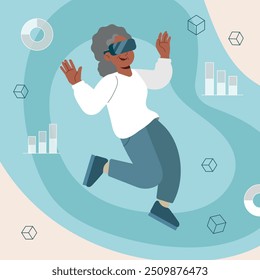 Vector illustration of a older woman wearing virtual reality glasses, immersed in a digital environment with floating graphics and geometric shapes, representing a VR experience.