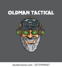 vector illustration of oldman soldier army use binocular tactical army helmet