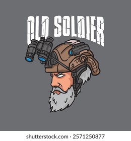 vector illustration of oldman soldier with tactcal army helmet