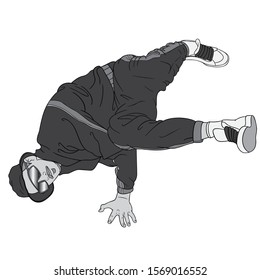 Vector illustration of an oldschool breakdancer dancing on the floor. tracksuit, sport, ground, hands, feet, sunglasses, retro, avatar.