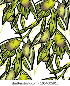 
Vector illustration of Olive Branch. Isolated on white background drawing of Olives. Seamless patterin of Olive Branches.
