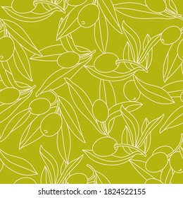 Vector illustration olive branch - linear style. Seamless pattern in minimalistic style