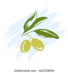 Vector illustration of olive branch on blue paint strokes for kitchen design, oil or cosmetics. Isolated on a white background. Flat design.
