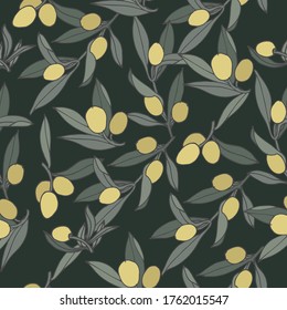 Vector illustration olive branch - vintage engraved style. Seamless pattern in retro botanical style