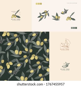 Vector illustration olive branch - vintage engraved style. Logo composition in retro botanical style. Seamless pattern