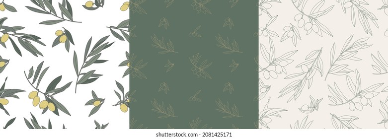 Vector illustration olive branch - vintage linear style. Set of seamless patterns in retro botanical style.