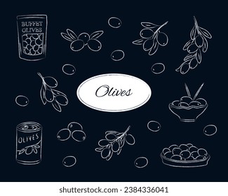  Vector illustration with olive branches, buffet olives, canned olives, and olives on a plate. Isolated vector illustration drawn in chalk. 