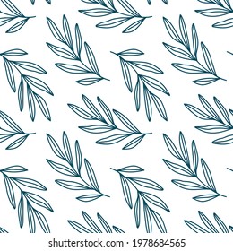 Vector illustration of olive branches with leaves for printing prints on fabric, gift packaging, postcards, wallpaper, etc. Cute seamless pattern of doodle-style plants.