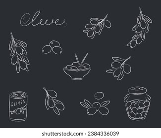  Vector illustration with olive branches, olives in a jar, canned olives, and olives on a plate with toothstick. Isolated vector illustration drawn in chalk on a black background. 