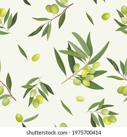 Vector illustration of olive branches seamless pattern. Packaging, wrapper or fabric with olive ornament on a light background