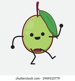 Vector Illustration of Olive Fruit Character with cute face, simple hands and leg line art on Isolated Background. Flat cartoon doodle style.