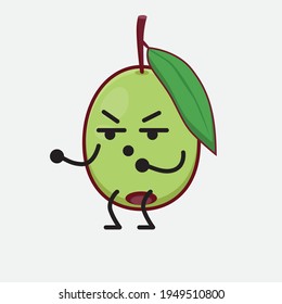 Vector Illustration of Olive Fruit Character with cute face, simple hands and leg line art on Isolated Background. Flat cartoon doodle style.