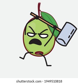 Vector Illustration of Olive Fruit Character with cute face, simple hands and leg line art on Isolated Background. Flat cartoon doodle style.