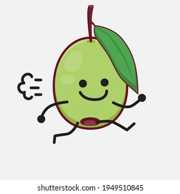 Ilustración vectorial del personaje de la fruta de oliva con cara linda, manos simples y líneas de piernas en fondo aislado. Estilo de dibujo animado plano.