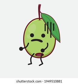 Vector Illustration of Olive Fruit Character with cute face, simple hands and leg line art on Isolated Background. Flat cartoon doodle style.