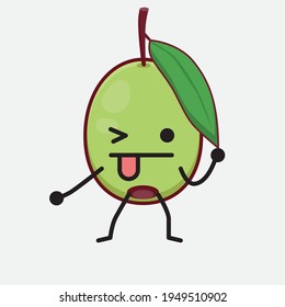 Vector Illustration of Olive Fruit Character with cute face, simple hands and leg line art on Isolated Background. Flat cartoon doodle style.