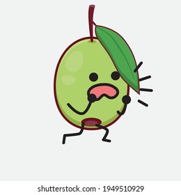 Vector Illustration of Olive Fruit Character with cute face, simple hands and leg line art on Isolated Background. Flat cartoon doodle style.