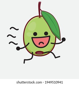 Vector Illustration of Olive Fruit Character with cute face, simple hands and leg line art on Isolated Background. Flat cartoon doodle style.