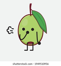 Ilustración vectorial del personaje de la fruta de oliva con cara linda, manos simples y líneas de piernas en fondo aislado. Estilo de dibujo animado plano.