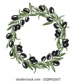 Vector illustration with olive fruits bunch and olive branches with leaves isolated on white background. Sketch hand drawn olives for label or logo design. Retro style. Vintage wreath.