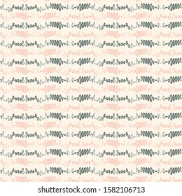 Vector illustration of olive green, pink scribbled warped lines on cream background. Scribble texture, textile rapport. Seamless repeat pattern for gift wrap, textile, fabric, scrapbooking, fashion.