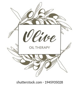 Ilustración vectorial de Olive con letras de pincel escritas a mano. Logotipo, etiqueta, pancarta o plantilla de afiches para productos con aceites esenciales o cosméticos orgánicos. EPS10