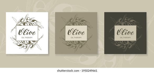 Ilustración vectorial de Olive con letras de pincel escritas a mano. Logotipo, etiqueta, pancarta o plantilla de afiches para productos con aceites esenciales o cosméticos orgánicos. EPS10