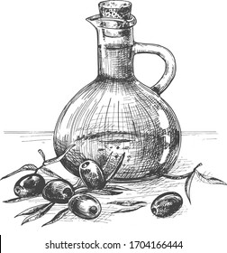 Vector illustration of the olive oil in a beautiful glass decanter bottle. Fresh olives. Vintage hand drawn engraving etched style.