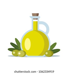 Vector illustration of olive oil in the bottle with fresh olives and leaves beside. Flat style.