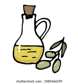Ilustración vectorial de la botella de aceite de oliva. Rama de aceitunas extraídas a mano con hojas y botella de vidrio. Objetos Doodle aislados en un fondo blanco. Comida ketogénica
