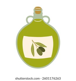 Vector illustration of olive oil bottle. Cartoon olive oil isolated on white background.