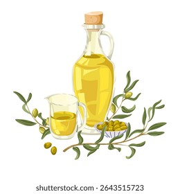 Vector illustration of olive oil bottle, olive oil pourer, olive branches and bowl of olives. Hand drawn cartoon composition for culinary, packaging, product branding, menu design, stickers