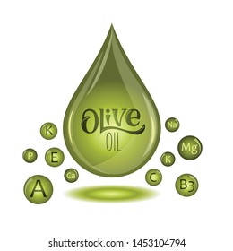 Vector illustration of olive oil drop with logo and figures of vitamins and minerals on white background. EPS 10