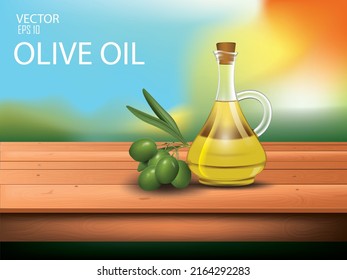 vector illustration olive oil glass bottle and olives,design template,on the table.